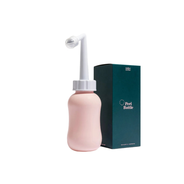 Mother Mother pink postpartum peri bottle with angled nozzle and teal box.