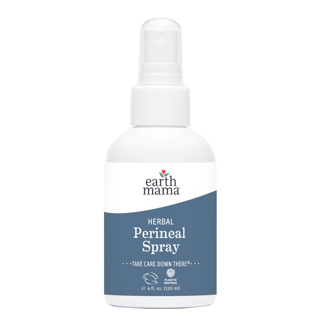 Earth Mama Organics Herbal Perineal Spray in a white spray bottle with a blue label.