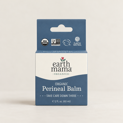 Earth Mama Organics Organic Perineal Balm, 2 fl oz (60 ml), in blue and cream packaging.