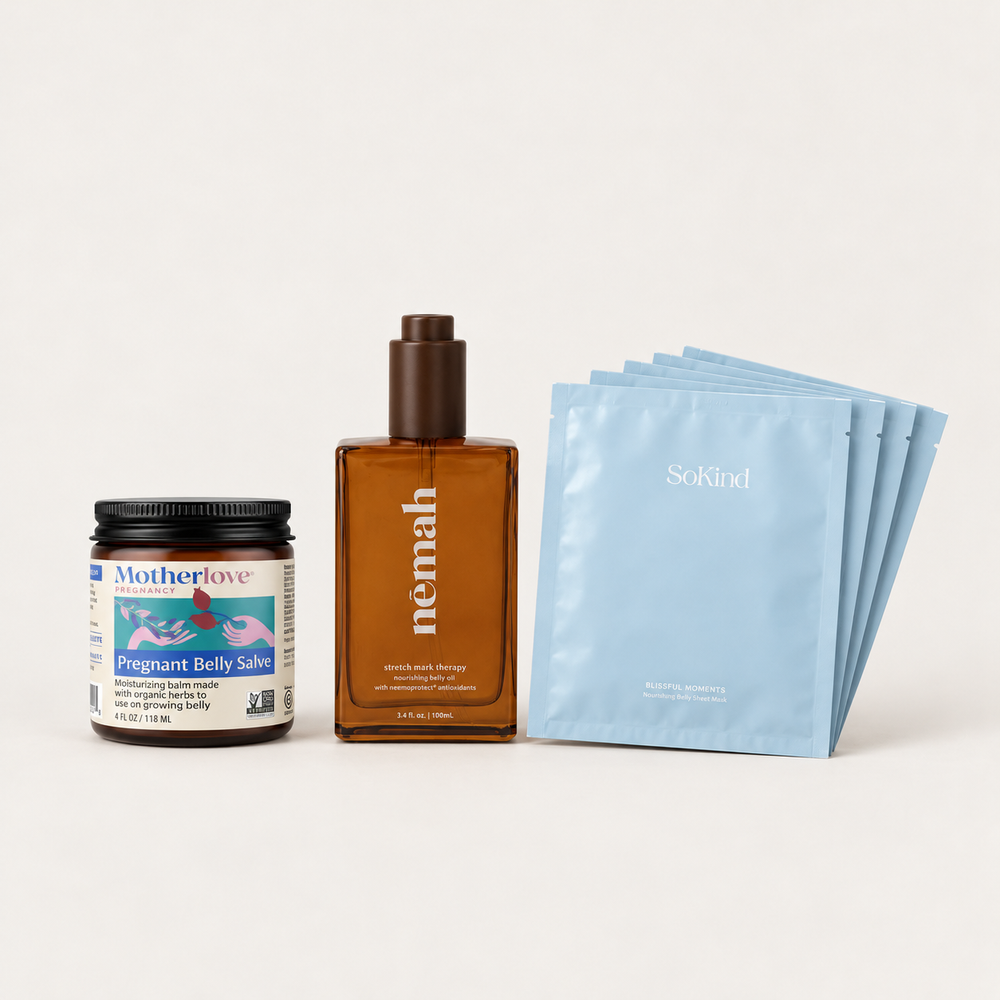 The Belly Set with Motherlove Belly Salve, Nemah belly oil and five SoKind belly mask sachets.