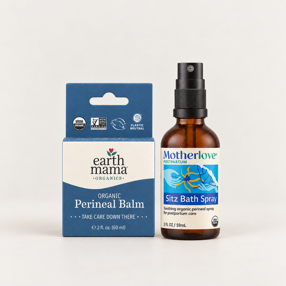 Earth Mama Organic Perineal Balm carton and Motherlove Sitz Bath Spray on a smooth warm offwhite background.