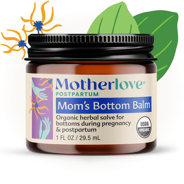 Motherlove Mom's Bottom Balm jar with a black lid and purple label.
